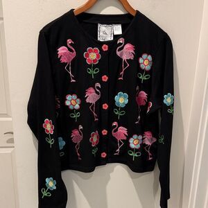 Michael Simon Black Cardigan with Pink Flamingo and Floral Embroidery size Large